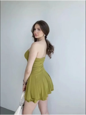 traplez ini Etek Görünümlü Şortlu Elbise Büzgülü Şık Yazlık  int Yeşili