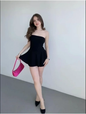 traplez ini Etek Görünümlü Şortlu Elbise Büzgülü Şık Yazlık  iyah