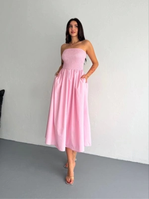 traplez Pileli Elbise  Pembe
