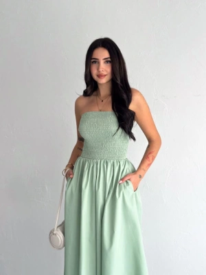 Straplez Pileli Elbise  Su Yeşili