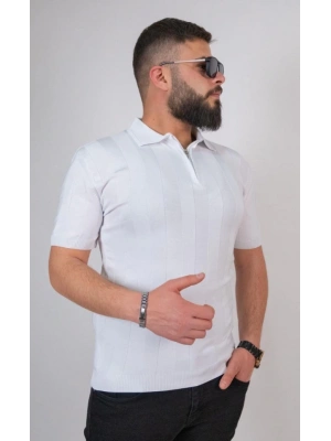 Triko Dokuma Yarım Fermuarlı Yakalı Tshirt  Beyaz