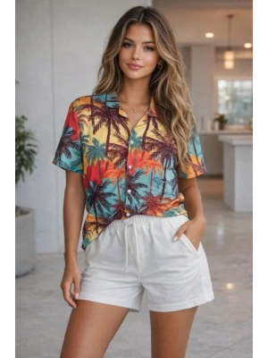 Tropikal Palmiye Desenli Kısa Kol Gömlek Şort Takım Yazlık Rahat Kalıp  Desenli