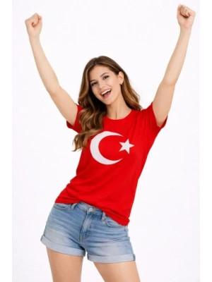 TShirt Kısa Kol Bisiklet Yaka Ay Yıldız Bayrak Baskılı Tişört  Kırmızı