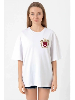 Türk Arma Baskılı Oversize Bisiklet Yaka Günlük Tshirt  Beyaz