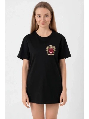 Türk Arma Baskılı Oversize Bisiklet Yaka Günlük Tshirt  iyah