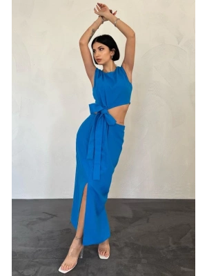 Turkuaz Kuşaklı Crop Ve Etek Takım