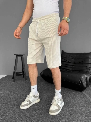 u Yolu Çizgili Cepli Şort Bej