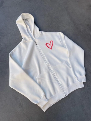 Üç İplik Baskılı Fermuarlı Kapşonlu Hırka  Beyaz