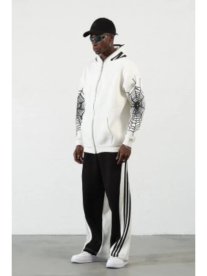 Üç İplik Baskılı Fermuarlı Kapşonlu Hırka  Beyaz