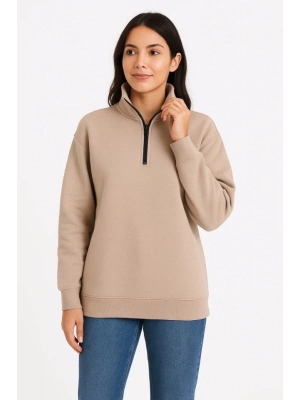 Üç İplik Dık Yaka Yarım Fermuarlı weathirt  Bej