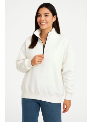 Üç İplik Dık Yaka Yarım Fermuarlı weathirt  Beyaz