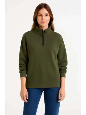 Üç İplik Dık Yaka Yarım Fermuarlı weathirt  Haki