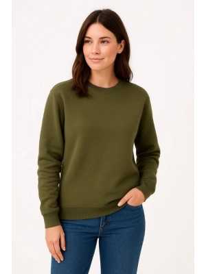 Üç İplik Düz Bisiklet Yaka SweatShirt  Haki