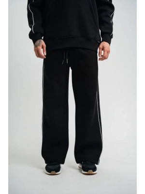 Üç İplik İçi Pamuklu Ara Biyeli Baskılı Baggy Eşofman Pantolon  iyah