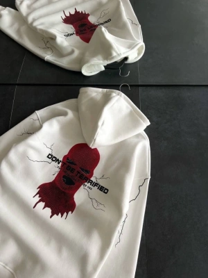 Üç İplik Kapşonlu Baskılı Oversize weathirt Beyaz