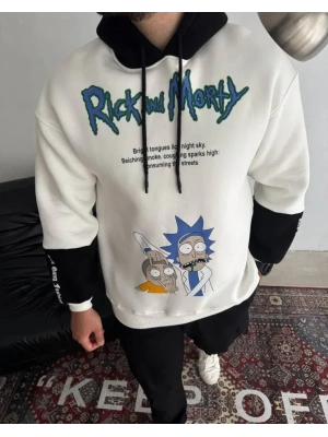 Üç İplik Kapşonlu Parçalı Baskılı weathirt  Beyaz