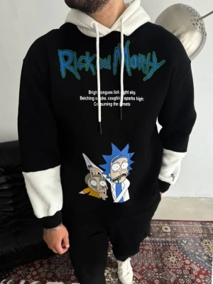 Üç İplik Kapşonlu Parçalı Baskılı weathirt  iyah