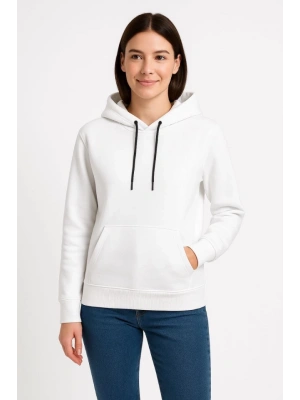 Üç İplik Kapüşonlu Kanguru Çepli weathirt Hoodie  Beyaz