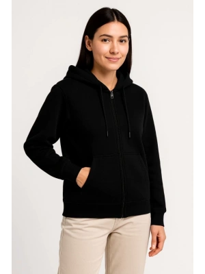 Üç İplik Kapüşonlu Tam Fermuarlı Kanguru Çepli weathirt Hoodie  iyah
