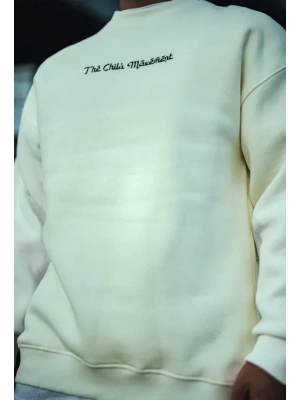 Üç İplik Penye Bisiklet Yaka Oversize Baskılı weathirt  Beyaz