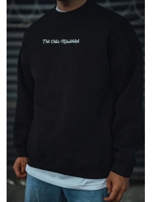 Üç İplik Penye Bisiklet Yaka Oversize Baskılı weathirt  iyah