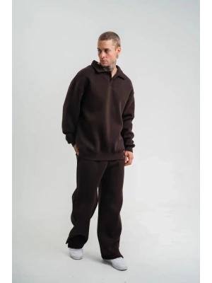 Üç İplik Uzun Kol Yakalı Eşofman Takım  Kahve