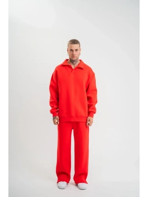 Üç İplik Uzun Kol Yakalı Eşofman Takım  Kırmızı