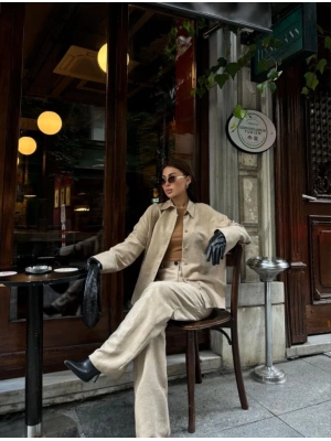 üet Gömlek Palazzo Pantolon İkili Takım  Bej