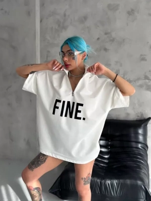 Unisex Baskılı Yarım Fermuarlı Thirt  Beyaz