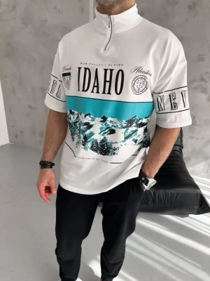 Unisex Baskılı Yarım Fermuarlı Thirt  Beyaz