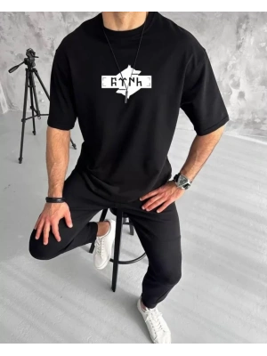 Unisex Bisiklet Yaka Baskılı Double Oversize Thirt  iyah