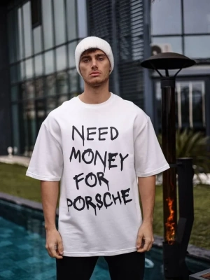 Unisex Bisiklet Yaka Baskılı Oversize Thirt  Beyaz