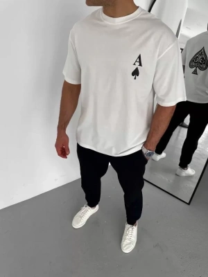 Unisex Bisiklet Yaka Baskılı Oversize Thirt  Beyaz