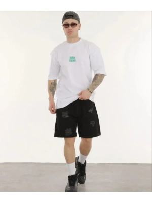 Unisex Bisiklet Yaka Baskılı Oversize Thirt  Beyaz