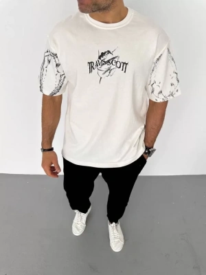 Unisex Bisiklet Yaka Baskılı Oversize Thirt  Beyaz