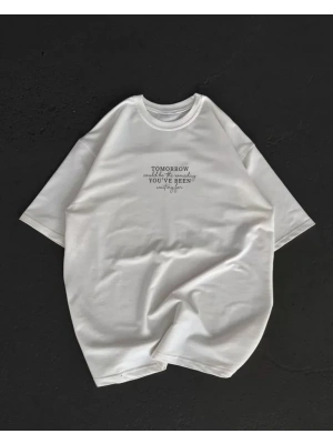 Unisex Bisiklet Yaka Baskılı Oversize Thirt  Beyaz