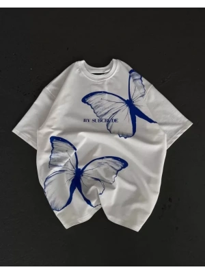 Unisex Bisiklet Yaka Baskılı Oversize Thirt  Beyaz