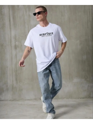 Unisex Bisiklet Yaka Baskılı Oversize Thirt  Beyaz