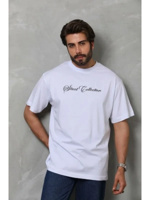 Unisex Bisiklet Yaka Baskılı Oversize Thirt  Beyaz