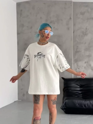 Unisex Bisiklet Yaka Baskılı Oversize Thirt  Beyaz