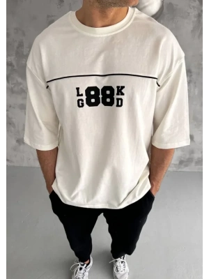 Unisex Bisiklet Yaka Baskılı Oversize Thirt  Beyaz