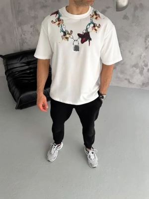 Unisex Bisiklet Yaka Baskılı Oversize Thirt  Beyaz