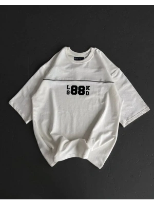 Unisex Bisiklet Yaka Baskılı Oversize Thirt  Beyaz