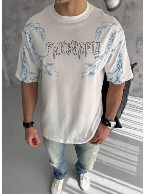 Unisex Bisiklet Yaka Baskılı Oversize Thirt  Beyaz