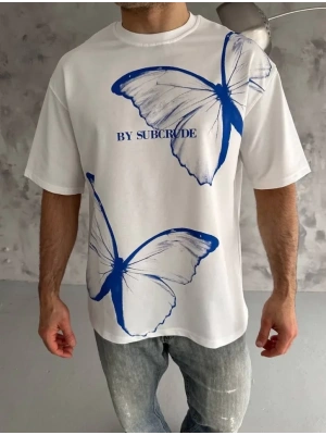 Unisex Bisiklet Yaka Baskılı Oversize Thirt  Beyaz