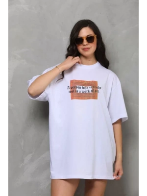 Unisex Bisiklet Yaka Baskılı Oversize Thirt  Beyaz