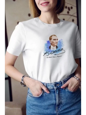 Unisex Bisiklet Yaka Baskılı Oversize Thirt  Beyaz