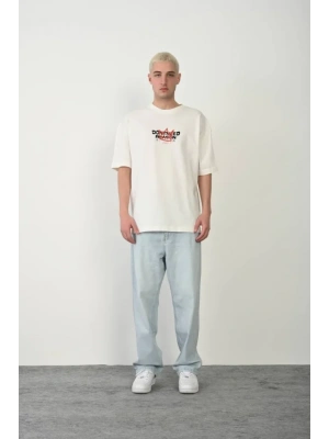 Unisex Bisiklet Yaka Baskılı Oversize Thirt  Beyaz