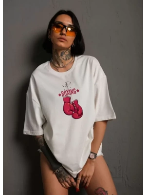 Unisex Bisiklet Yaka Baskılı Oversize Thirt  Beyaz