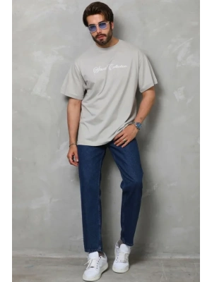 Unisex Bisiklet Yaka Baskılı Oversize Thirt  Gri